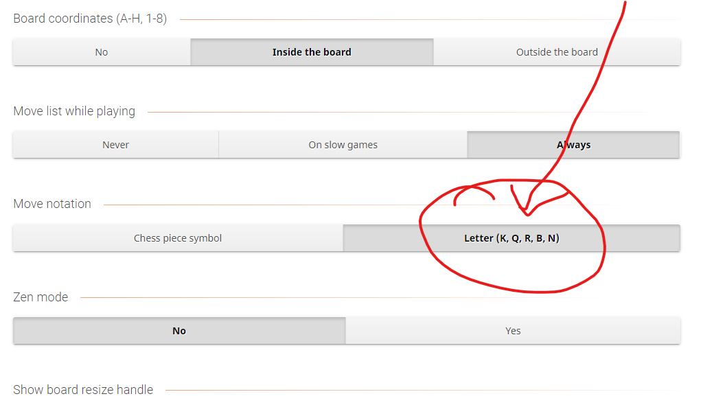 Lichess - Set Move Notation to Letter