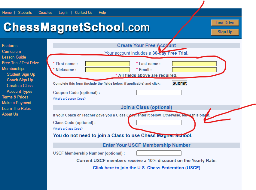 ChessMagnetSchool - Create Your Free Account signup form